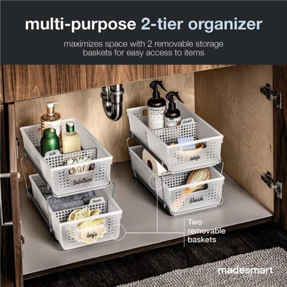 2 Tier Slide Out Storage Organizer Baskets with Handles for Bathroom Kitchen - Picture 6 of 7